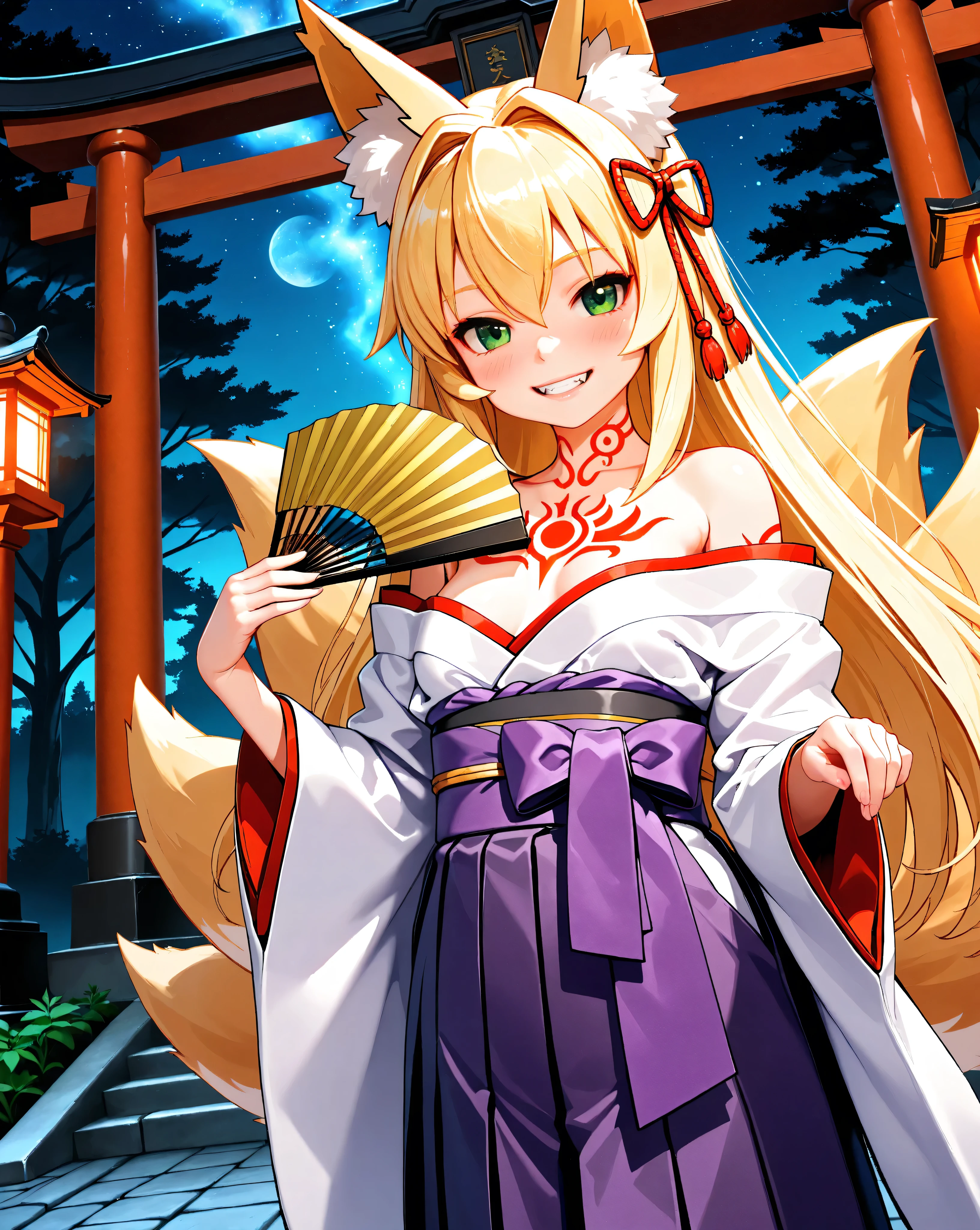 (masterpiece)、(top-quality)、(ultra - detailed)、(独奏)、Beautiful girl of 14 years old、Petite、silber hair、Krims、The white, golden, Plata, Light blue and red kimono、Shoulders bare、Emphasize cleavage、Thighs exposed、Landscape and cherry blossoms、Moon Night、Composition looking up from your feet