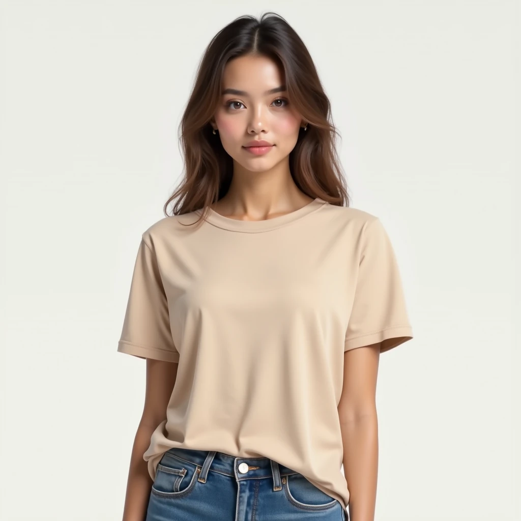 mulher arafada em uma camisa bege e jeans posando para uma foto, wearing camisa apertada, camisa apertada, vestindo roupas simples e justas, vestindo uma camiseta, camisa marrom, vestindo uma camisa leve, vestindo camisa, vestindo uma camisa, veste camisa bege, vestindo um top fofo, foto de modelo de garota magra, camiseta molhada, camiseta azul apertada