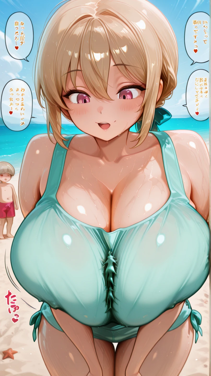 nsfw, Top quality, masterpiece, ultra high resolution, , (top quality, high resolution, 4K, detailed lighting, shaders, perfect anatomy, perfect proportions), eye of the beholder, (masterpiece, top quality) (top quality, 4K, 8K, high resolution, masterpiece: 1.2), highly detailed, (masterpiece: 1.3, top quality, ultra high resolution, ultra detailed), (top quality: 1.2), perfect eyes, perfect face, perfect lighting, (top quality, 4K, 8K, high resolution, masterpiece: 1.2), highly detailed, (top quality, 4K, 8K, high resolution, masterpiece: 1.5), highly detailed, masterpiece, top quality, ultra detailed, top quality, high resolution, 32K CG, very delicate and beautiful, illustration, high resolution, sharp focus, front lighting, glow, girl with her baby girl, smiling, very beautiful and detailed anime face, very detailed eyes, ((masterpiece)), ((best quality)), (super detailed), ((cute)), cute, ((very detailed)), 4K, (8K), best quality, (best quality, 8K, 32k, masterpiece, super high resolution, very detailed, impressionistic:1.2), blurred background, four fingers and 1 thumb, Nsfw, ((outside )), A beautiful blonde in her twenties is topless in beautiful beach with her baby, palm trees,((topless )) stunning sunset, sitting wariza, white panties , ((breastfeeding to the baby)). ((baby is very cute brond girl)), ((The baby is happily sucking))She has ponytail with red ribbon, break, Her breasts are big ,( small cute pink nipples). Looking down the baby, she smiles shyly. four fingers and 1 thumb, full body, From front. Slender body. Perfect proportions.