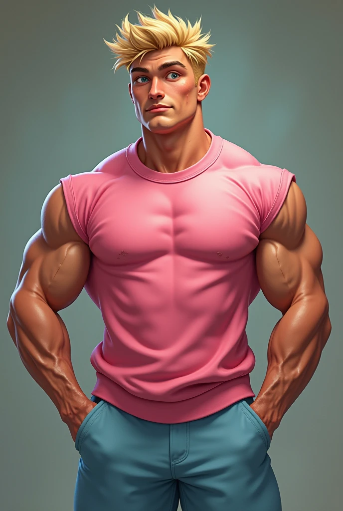 best quality, masterpiece, fill frame, zoomed out, full body, cel shading art, poster of handsome young man in early twenties with short undercut blond hair, athletic build, smile, wearing pink thong, lifting a barbell, perfect fingers, perfect hands, perfect face, perfection, no background