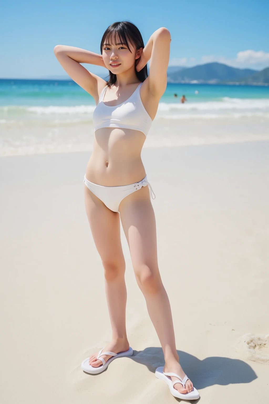 (((barefoot young slender beautiful Japanese girls on mud beach))), natural front lighting, ultra sharp focus,braided black twin-tail hair, (((light pale white skin color))),blue large eyes with long eyelashes and double eyelids, dynamic angle,red lip,smile, 3girls, ((waving arms)), ((huge breasts)), (full body shot:2), (((wearing floral frilled micro bikini))), (beautiful face:2),(((beautiful)))