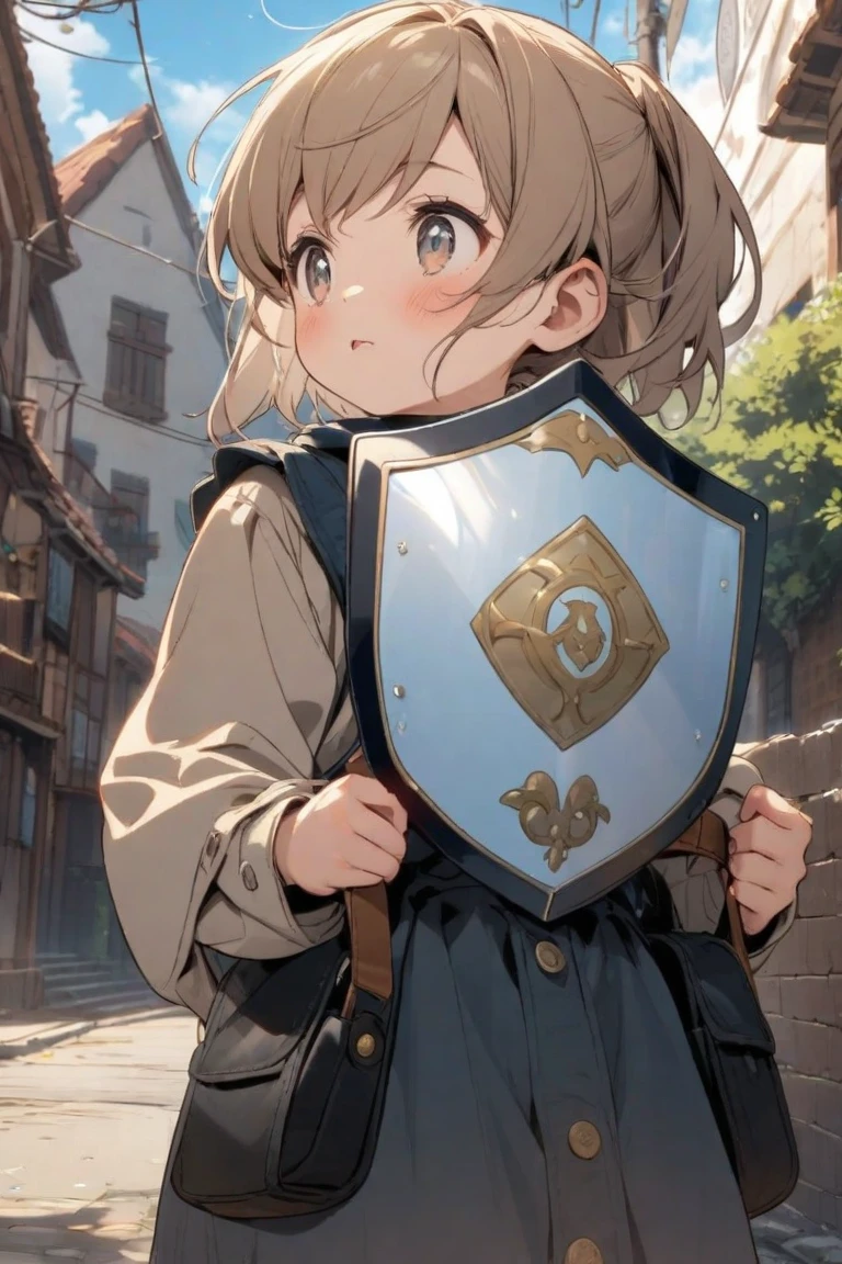 (girl:1.2), (solo:1.2), (brown traveller backpack:1.2), (pixiv masterpiece:1.2), (metal armor:1.2), (medieval fantasy town:1.0)