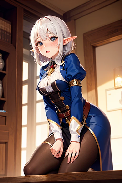 ((Hands on your chest)), ((Surprised)), ((Looking down)), (blush), 1girl, Elf, Silver hair, Red eyes, Braided hair, Bob cut, Fantasy costume, Wizard, Ruffles, Robe, Long skirt, Tights, Black cloak, Slender, Small tits, Kneeling, On bed, Bedroom, Rubbing your own breasts, Concept art, Beautiful anime scenes, beautiful anime landscapes, best quality, ((masterpiece))