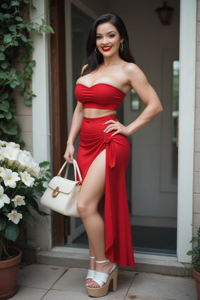 (full body shot:1.5), (Masterpiece:1.1), 1girl, solo girl, 18 year old girl, ultra realistic face, hyperrealistic, hyperdetailed, (wide angle pose, standing position:0.5), (inspired by disha patani), sharpen, detailed face, detailed eyes, detailed lips, red lips, beautiful face, 16k, FHD, raw photo, cute face mesh, pretty face mesh, beautiful hair style, (neck ornament), (wedding flared dress, flared dress with laces, asymmetric dress, flared frock with red laces), (queen flared frock, queen look, wedding queen), intricate, extremely detailed, scattering surface, ultra realistic textures, realistic face, red lip, glow face, perfect figure, beautiful curved body, fit body, (fancy high heel), tied hair, fancy hair ornament, (muscular boobs, perky boobs, perky tight boobs), (muscular body part, abs), (wedding room, croud people background, wedding party, wedding ceremony).