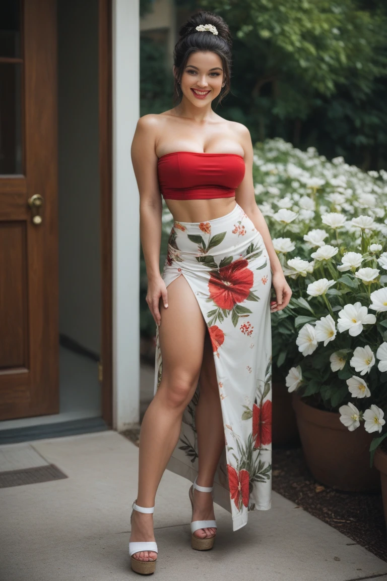 Two Indonesian 13 year-old , Squat, seductive, smooth skin, (shoulder length black hair), (bright blue green eyes), thin eyebrows, fair skin, blushing cheeks, perfect curvy body, big breasts, (red silk dress), cleavage, green grass with bright sky, eye contact, seductive smile, feminine facial features, slim, slender, high resolution, real girl, realistic, The perspective is from below, emphasizing the sheer majesty, (See through white G-string), open skirt, (white g-string expose), shy, blush, one eye closed, high detail, realism, soft lighting, god rays, cowboy shot, retina, masterpiece, textured skin, super detail, crowd, people staring on her.