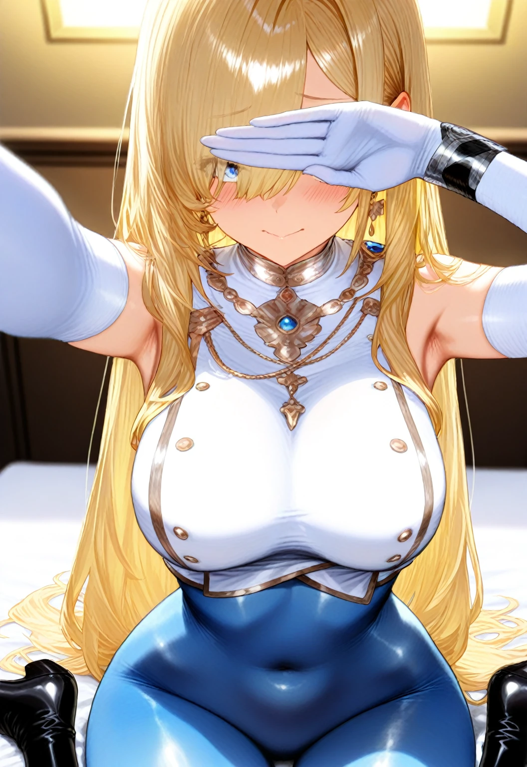 (Masterpiece, Top quality: 1.5), nsfw, sitting on bed, (1boy and 1girl are having sex on the bed:1.3), (Mythra :1.3),(breast grab from behind:1.3), a boy is with black hair , (large breasts:1.3), (cleavage:1.2), standard weight, Blonde Hair, 16 year old, angry, (flustered:1.3),  sexual climax:1.2, open mouth, bedroom ,cum:1.3