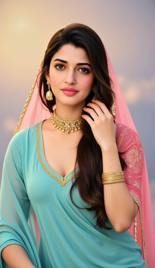 a close up of a woman in a blue dress standing in front of a chandelier, intricate sparkling atmosphere, movie screen shot, beautiful lighting effects, still shot from movie, stunning cinematography, shot from movie, beaded curtains, movie filmstill, still from a terence malik film, cinematic shot!, beautiful cinematography, visually stunning scene, glowing drapes, movie screenshot, lehenga with choli,blue transparent dupatta on head, large breasts, Big , sexy figure, sexy stomach showing, in Firstnight of marriage bedroom , beautiful long hairs, crazy long hairs, super long hairs, long hair, crazy long hairs, super long hairs,