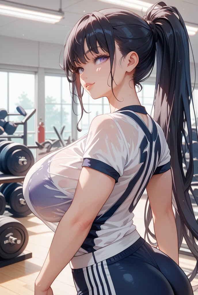 Ultra-high resolution, 8k,high quality,(Ultra-short stature),curvey body,Cute hairstyle,(iridescent light,soft shadow,Anime Painting,thin line drawing),(((((from side),super enormous cartoon-like tits, gym clothes)))), gigantic breasts:1.3, mammasize,