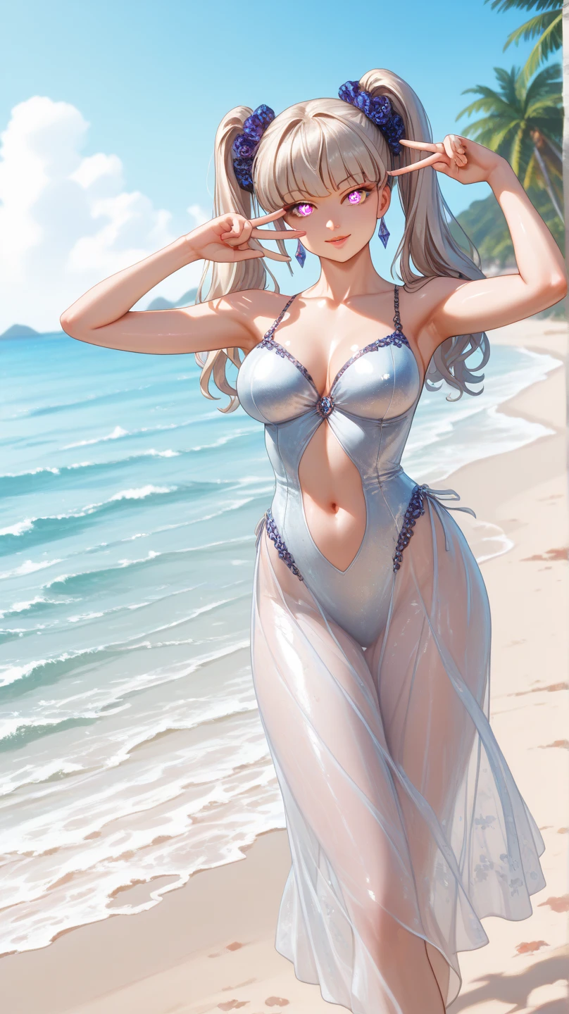 (nsfw) There are curved reddish-yellow gradient horns on the head, Cheerful laughter, White and blue gradient hair (white more blue and less blue), Sexy and attractive body, There are a little traces of fitness but not obvious, Slender and attractive waist, enormous breasts, The picture is colorful, The brushstrokes of figure painting are multi-layered and rich。 (nsfw:1.3),A thin waist with abs。 Perfectly symmetrical body. (sexy eyes) (seductive eyes) (clothes wet with water) (completely transparent plastic top) (suspender stockings, suspender stockings, high-gloss stockings) fleshy thighs tightened by high-gloss suspender stockings, huge soft breasts. Outermost transparent gauze on body, beautiful woman, surreal, 1 girl, ((facing the viewer, hand caressing her chest)), (huge soft breasts, charming body: 1.8), sit-ups: 1.6, gray hair: 1.8, (wet rain, wet body: 1.7), painting, masterpiece, best quality, ultra-detailed, absurd, portrait beautiful, solo, earrings, jewelry, bikini, smile, necklace, transparent bikini, sexy, volumetric lighting, best quality, masterpiece, intricate details, Realistic skin texture, ultra-detailed, artstation trend,