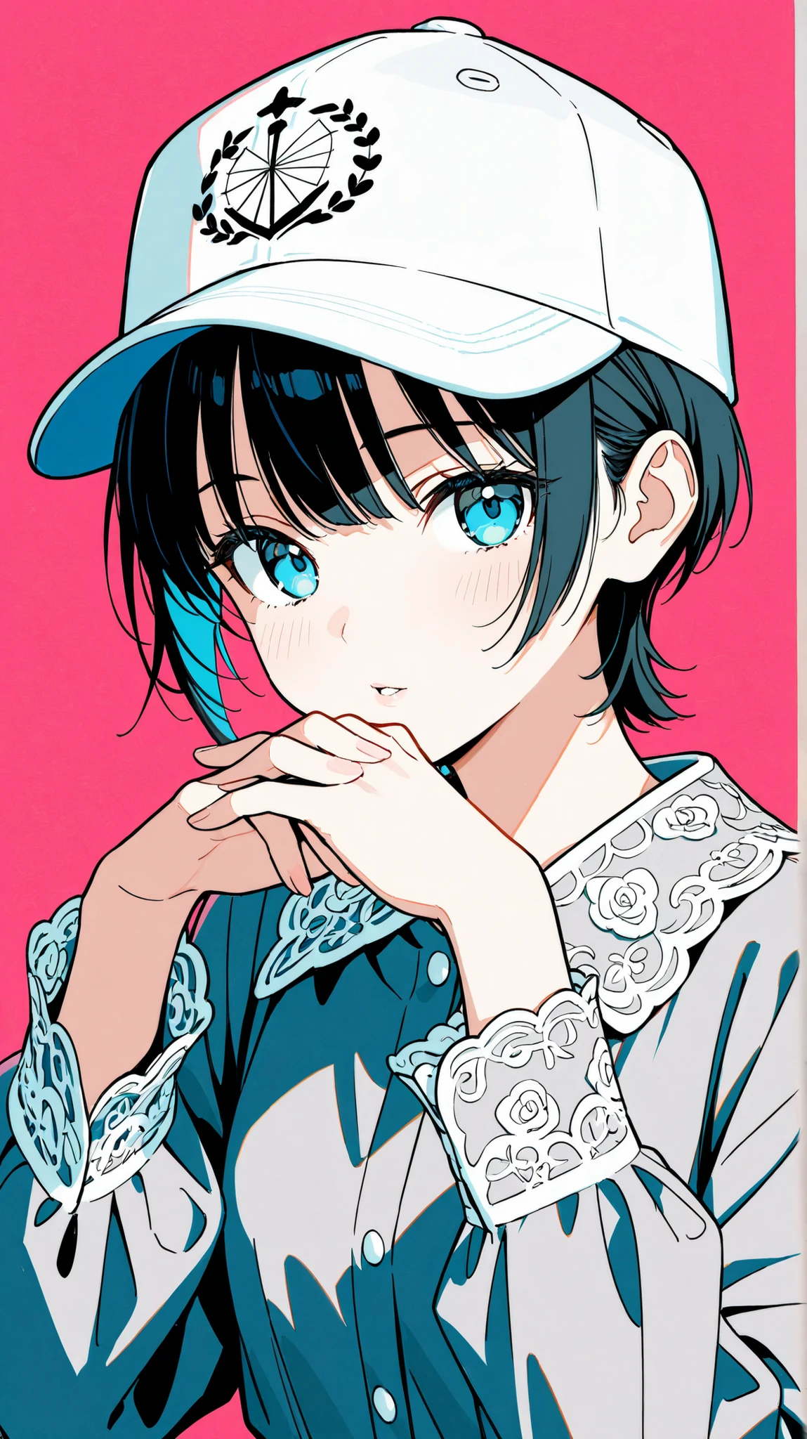 score_9, score_8_up , score_7_up , score_9,Score_9, Score_8_up , Score_7_up ,Create a simple and fashionable style picture, focusing on the character's features: short black hair, white baseball cap (NEW YORK embroidery), gray top, close-up of hand (lightly touching the lips), and use the interior (solid color background, soft light) to highlight the simple, fashionable, delicate texture and cool atmosphere.