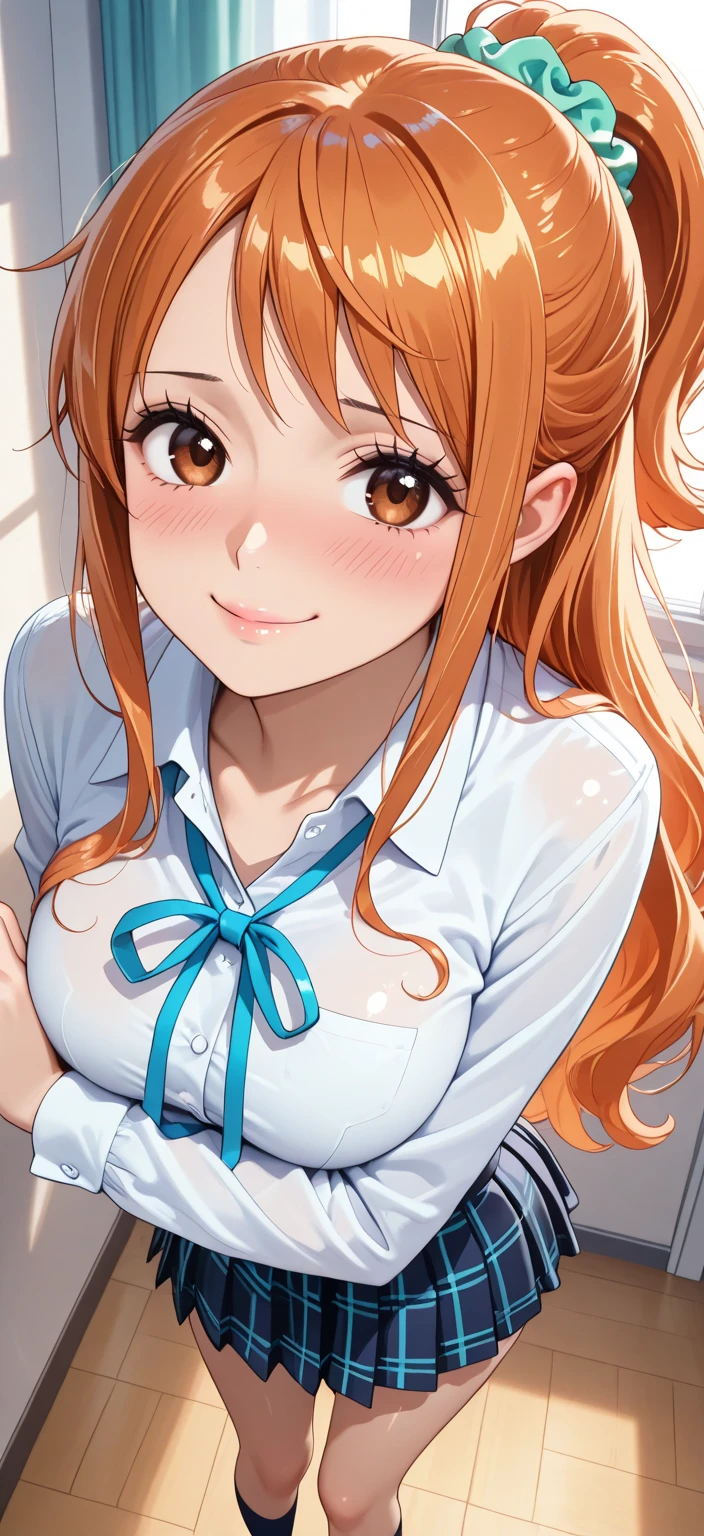 1girl,long hair,white shirt,pink panties, from below, <lora:sayukaV1:0.5>,sayuka_kouenji,brown_hair,blue_eye,tennis_wear,smile,