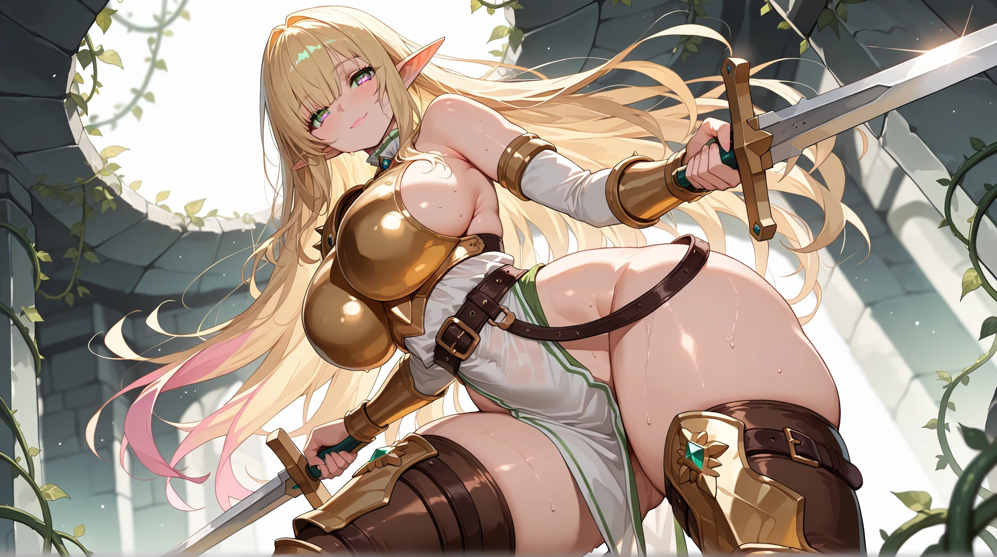 Elf Blonde Golden Eyes Headband knitting Long Hair Big Breasts blush armor Erotic Masturbation Obscene lines Squirting Expose Town Eyes are hearts Crowd Adventurer Lori Leg spread