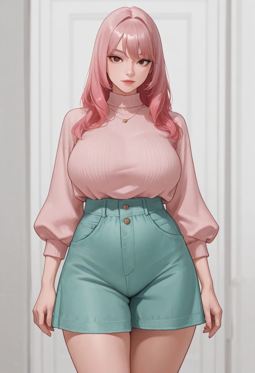 1womanl, pink  hair, ((extra long hair)), shaved hair, breasts big, voluminous breasts, Long-sleeve shirt, long pants, greeneyes, (detailedeyes), high resolution, Very Detail, 8k, (perfect hands), (Extra detailed face), pose sexy, extra detailed body, extra long hair, shaved hair, General plan
