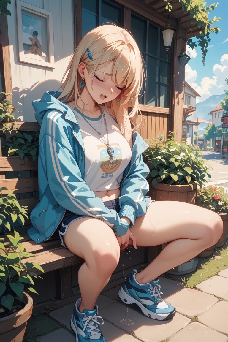 (Very detailed,Highest quality,4K,8K,High resolution,masterpiece:1.2),(Realistic,photoRealistic,photo-Realistic:1.37),Beautiful woman, Chainsaw Power, Cruciform pupil, Long Hair,(((Red Horn))),
Beautifully detailed sweat glands,Smooth skin texture,Carefully drawn,
((Black underwear,Pink off-shoulder sweatshirt,Very short denim pants,White shoes)),(humidity:1.2), Lively expressions, (Beautiful Skin),(Big Breasts),Sticky with sweat,In a dynamic pose,
The World of Chainsaw Man,Outdoor,garden,A place where you can see the fountain