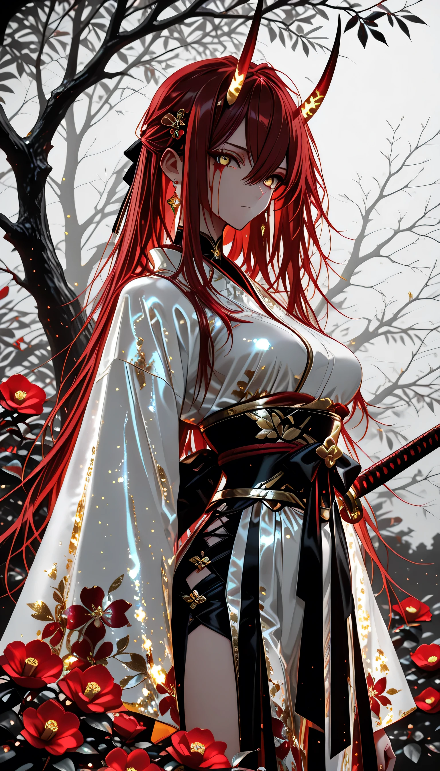 1 girl , golden eyes , very long hair , long sidelocks, red hair ,half updo, petite , very cute , beautiful ,Straight hair, cool, handsome, hair between eyes, sexy, medium breasts , blood tears, white kimono, sengoku period, white warrior, white armor, sharp gaze, female warrior, beautiful, enchanting, alluring, white armored figure, demon horns, katana, messy hair, beautiful eyes, camellia flower, monochrome, greyscale, 748cmstyle, high quality, best quality, ultra details, amazing, stunning, illustration, glitter aesthetic, glowing kimono, japanese clothes, obi, traditional hair pin, floral print, 4k, 8k, Ultra HD, Masterpiece, Best quality, Detailed Illustration, 8k wallpaper, detailed outfit, background sakura trees