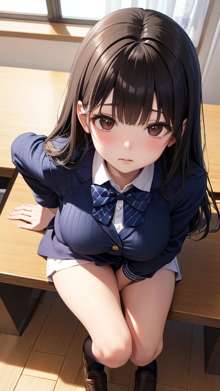 Yui Kotegawa、huge tit、Looking at the camera Pointing、school classrooms、White check Green pleated skirt、Black lace Polka dot bra、White ribbon blouse with open chest、Navel Ejection、Dark blue high socks、White top shoes、A slender