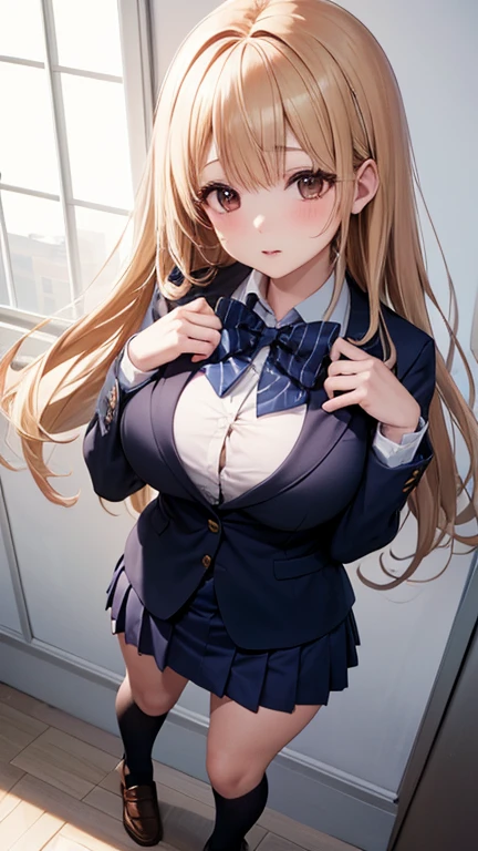 High school girl is embarrassed because she unbuttons her shirt、Roll up your skirt
