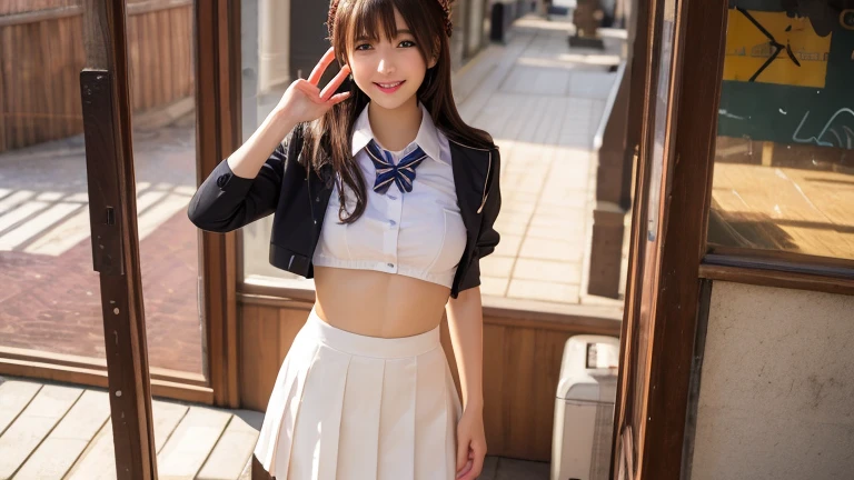 masterpiece、超High resolution、well done!、She has a very pretty face and is young like an idol.々I have a good figure..々A 17-year-old Japanese girl with unique features、Gentle and cute、A kind smile、She is in school Cheerleading Team、Cheerleader uniforms are bikini style and expose cleavage.、Medium bust(((Lift up your skirt with both hands))),(((I can see her panties))),whole body、RAW Photos、Genuine、High resolution、Life、No copyright notice