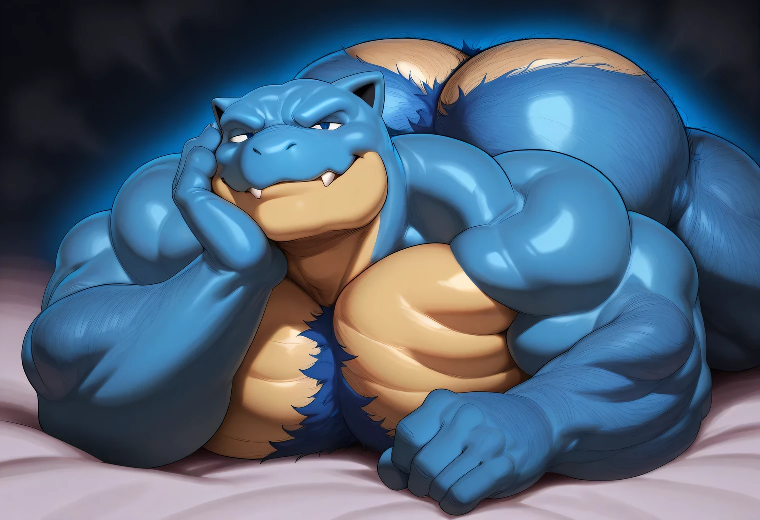 justmegabenewell,2024,source_furry,rating_explicit, zPDXLxxx:1.0, shading, masterpiece,newest,absurdres, perfect quality, best quality, perfect anatomy, 1boy, blastoise, bara, muscular, simple background, topless, front view, posing, Nice angle, huge  pecs, Nice eyes, upper body, naked, (lying on stomach) , (hand on own cheek),  smirk, Blue body, hairy ass, hairy, Big ass, Big jaw, hairy jaw