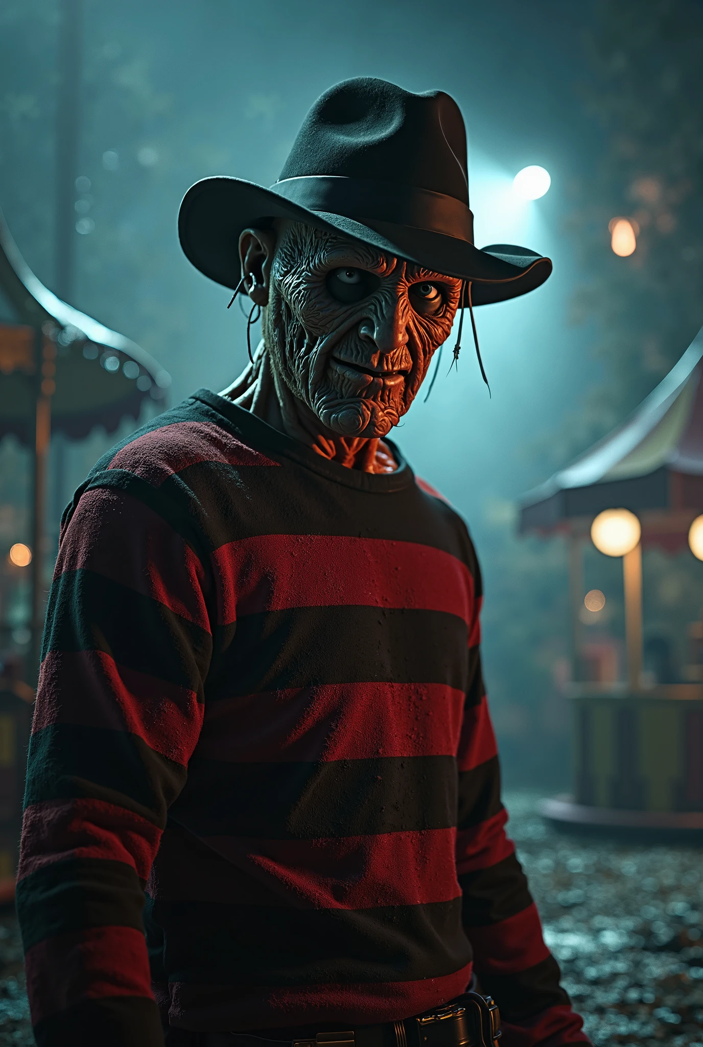 8k、Dark fantasy、Foggy night city、Ultra HD、Amazing image quality,4k、A Nightmare on Elm Street、Freddy Krueger、Wearing a hat、Burned Skin、Fearless smile,Red and black striped sweater、nails are long、Full Body Shot,Give the viewer a malicious look, Grabbing Viewer, For the viewer,Misty marshland background,Shallow depth of field, Vignette, Very detailed, High budget, Bokeh, CinemaScope, Sulky, amazing, nice, Film Grain, granular . Creepy, Anxious, dark, Creepyな, Suspenseful, strict, Very detailed