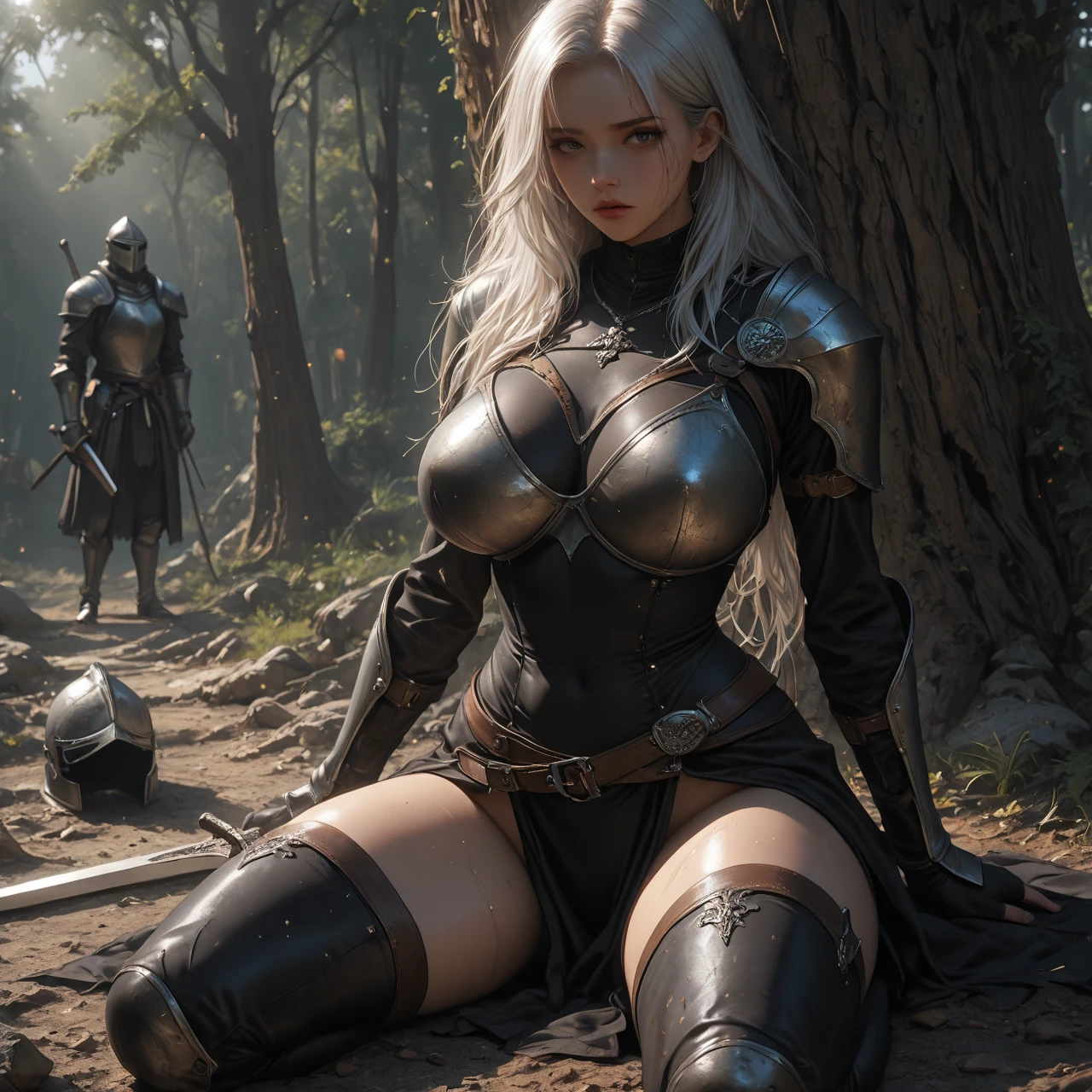 best quality, masterpiece, (realistic:1.2),(long shot:1.2), 1 girl, solo, standing,(full body shot:1.0),(front face:1.7), Blonde hair, brown eyes,Front, detailed face, beautiful eyes,(closed eyes:1.1), (wear knight armor:1.3),No Make Look,(arms behind back:1.5), (in the darkness night:1.3,nsfw:1.35),(The edge of the swamp:1.3),(Ethereal Mist:1.3)