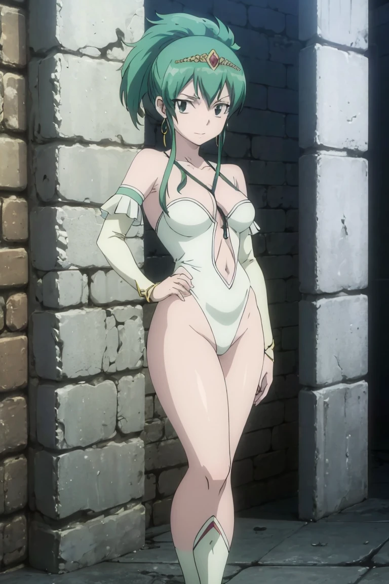 brandish, 1girl, solo, looking at viewer, collar, chain, anime coloring, solo, upper body, night sky, forest, arms behind head, contrapposto, spread armpits, closed mouth, thighs, best quality, expressionless,