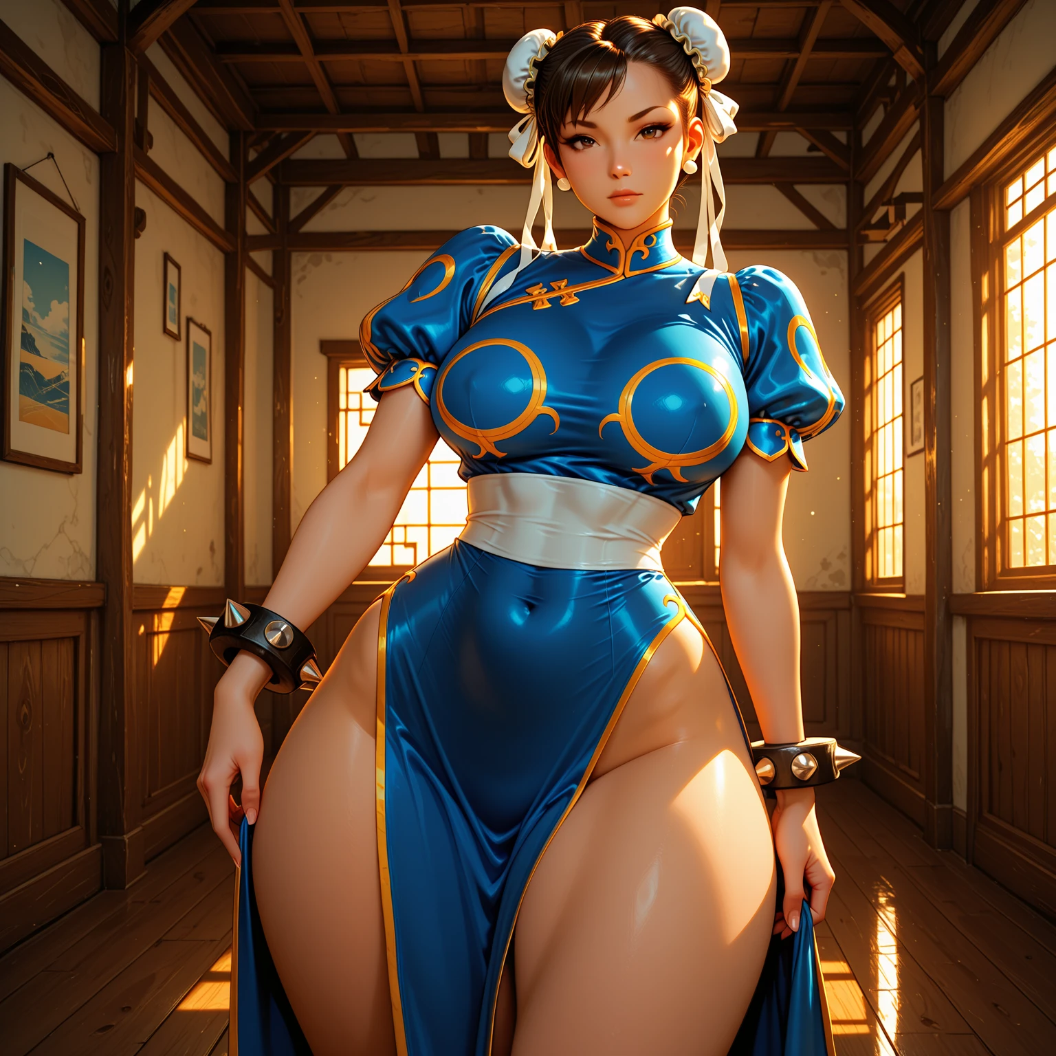 ((chun li))from street fighter, sexy, tetas grandes, busto perfecto enorme ,muslos grandes y torneados, lleva su ropa ajustada,(( en el fondo se puede ver el barrio antiguo chino)) ,8k, hiperrealista, todo parece un renderizado de motor irreal ((vista de cuerpo completo)