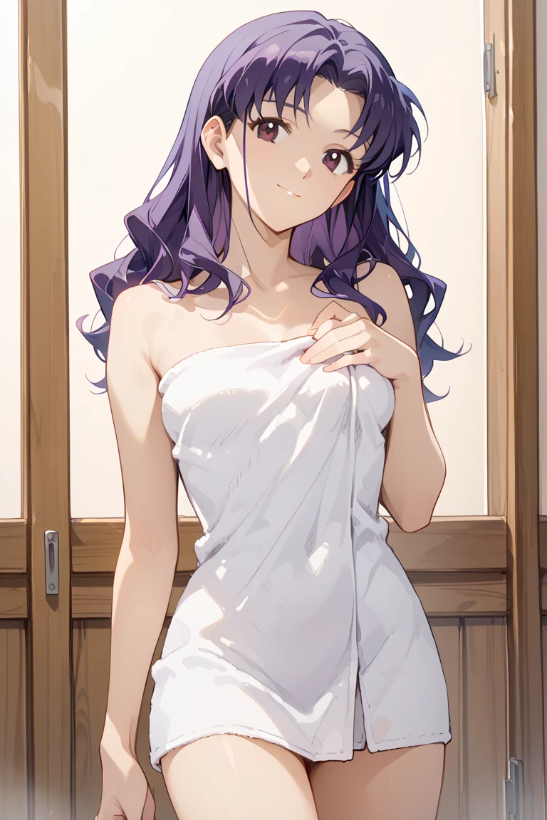 Anime girl with long light purple hair, standing in bathroom wearing a bath towel, depicting hands and eyes in detail