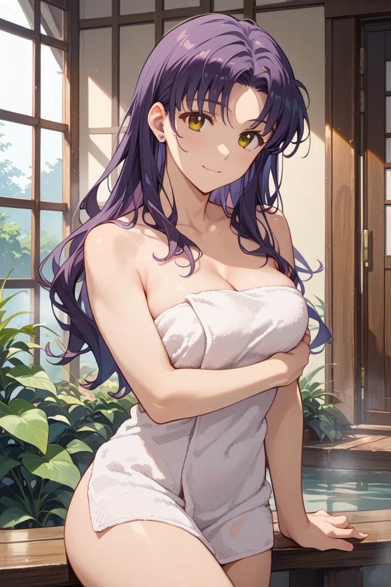 quality, masterpiece, highly detailed, 1girl, solo, long hair, dress, purple eyes, purple hair, Anastasia_Zelenska, blush, nsfw, naked, breasts, medium breasts bare naked, detailed face, detailed eyes, wet body, saliva, bath, standing, very wet, taking a bath, bathroom