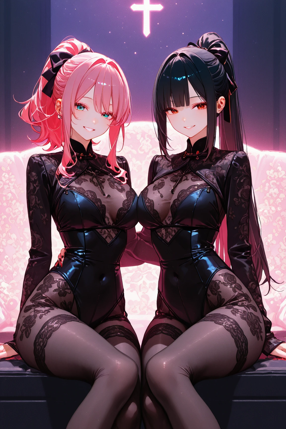(masterpiece, best quality), best resolution, (3heads:1.5), dynamic angle, hands on hips, peace sign, 1girl, pink hair, twintails, smug, light blue eyes, black nails, black dress, bedroom, thick thighs, black nails, kneeling, (goth)