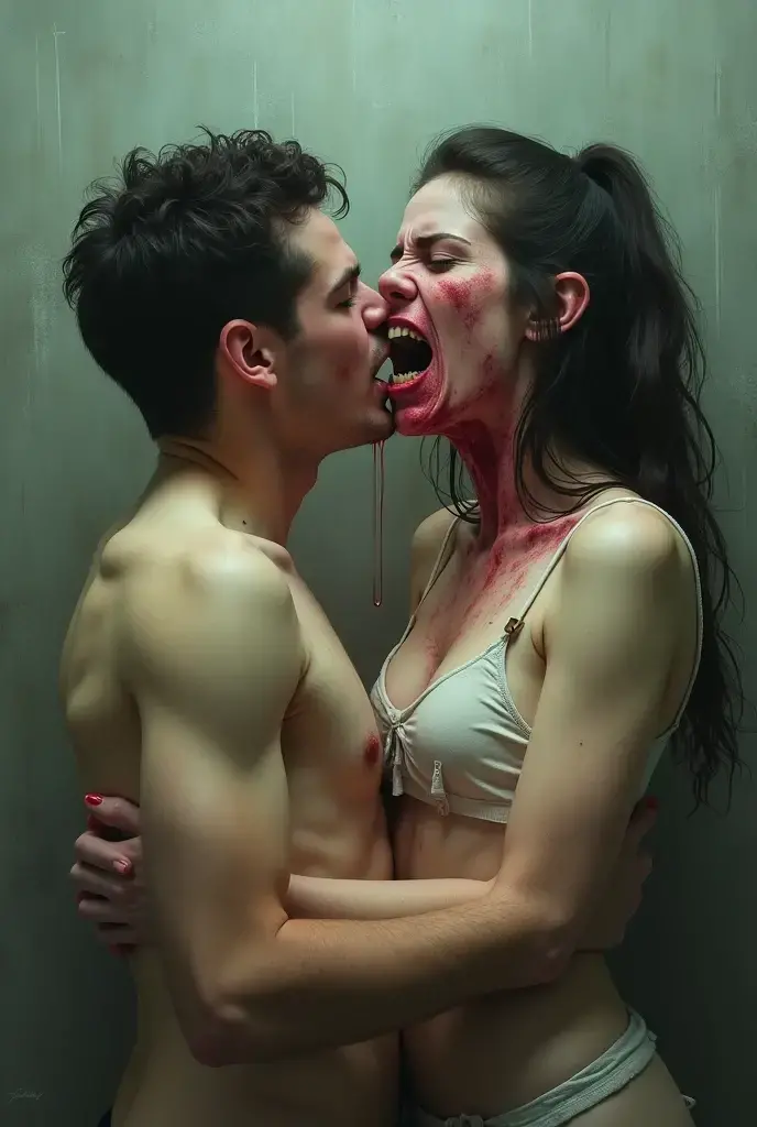A woman lies on her back against the bed. A man lies on top of a naked woman, tearing her head and chest open. 