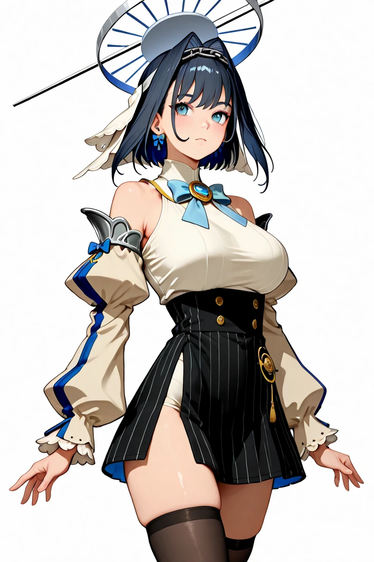 masterpiece, best quality, 1girl, <lora:GenshinNPC_Katheryne_V9-000000:0.7>, medieval times, full body, medium hair, jewelry, gem, green and white dress, off-shoulder, bow, white pantyhose, vertical-striped pantyhose, puffy sleeves, blunt bangs, detached collar, maid headdress, red bow, green collar, green shoes, corset, blue eyes, black hair, short hair,