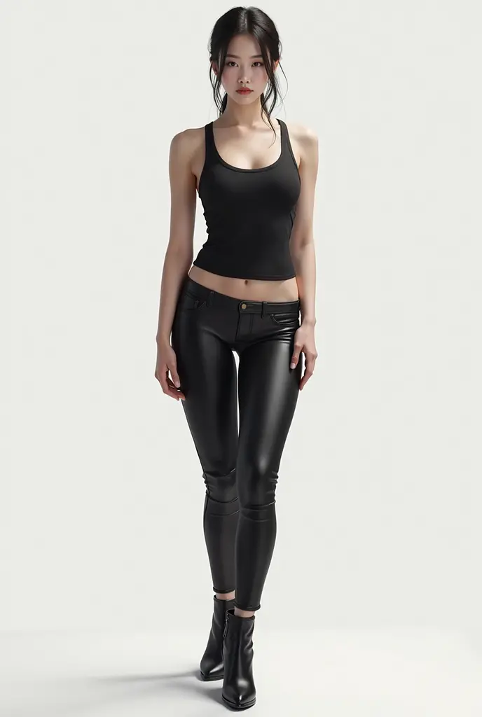((Midnight, Best quality, 8k, Masterpiece :1.3)), Whole body, Long legs, Sharp focus :1.2, A pretty woman with perfect figure :1.4, ((Dark brown hair, Big breasts :1.2)), (Crop top shirt, Low waist pants, Standing:1.2), abs, Highly detailed face and skin texture, Detailed eyes, Double eyelid, high heels, low angle, from below