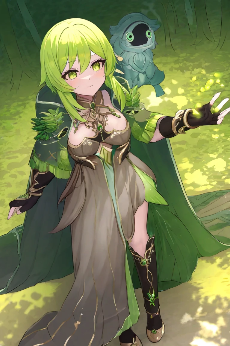 fantasy, 1forest_elemental_girl,teen, tiny,(dark_skin)0.9, (using_leaves_clothes, green_leaves_covered_breasts, leaves_covered_pussy,covered_nipples)+++,(gigantic_heavy_tits:1.1), walking, (smile, sleepy)+, medium_hair, navel oil, (winding_vine_around_torso)++, forest_background, leaves_headgear, green_leaves_cape, spread_arms, large_staff, leaves_thighhighs, big_ass,solo,(pelvic_curtain:0.9), tabard,