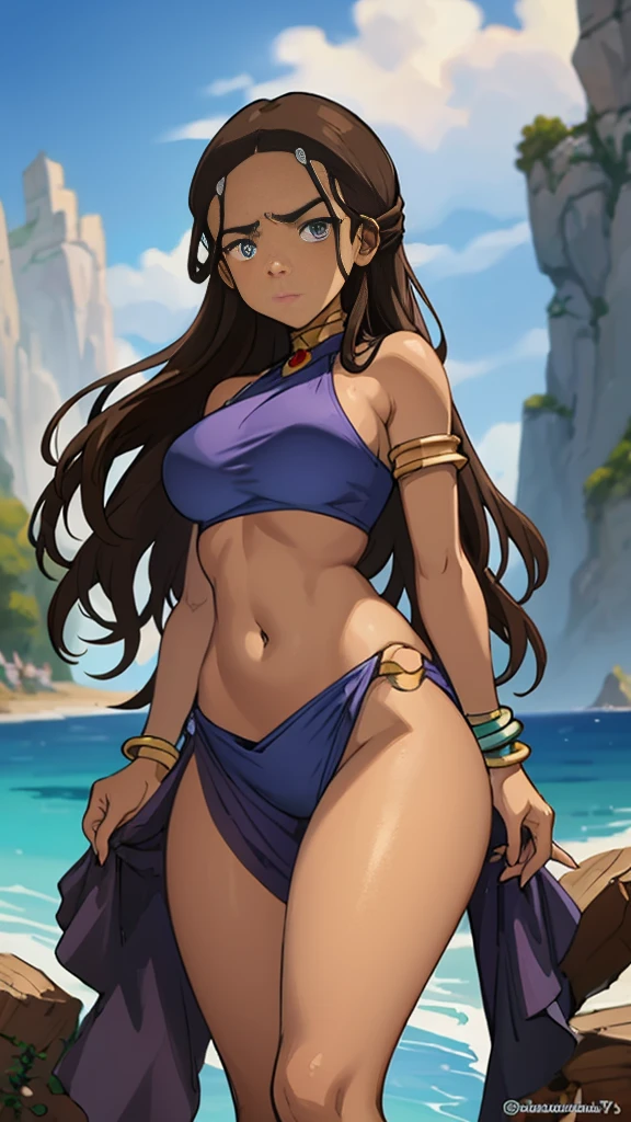 (Obra maestra, La mejor calidad, High resolution, Unidad 8K Fondo de pantalla, CG extremadamente detallado:1), (illustration:1.0), 1girl,solamente, Zarinams, Micro Bikini, cinta, brazalete, escote, jewely, recorte de entrepierna, pantalones amarillos,