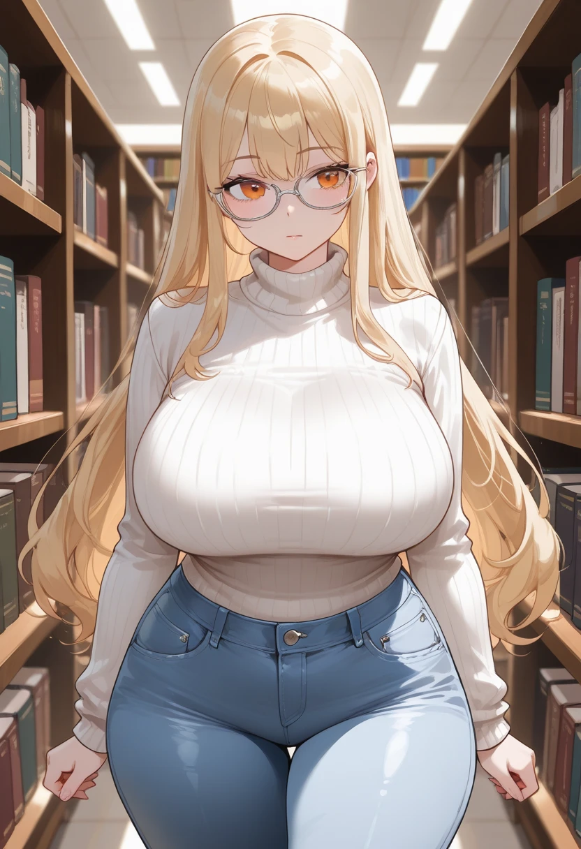 ((kipteitei art)), ((highres)), Masterpiece, high quality, best quality, beautiful, perfect lighting, detailed face, ultra cute face, full body, cowboy shot, ((1girl)), ((solo), skindentation, blonde hair, blue eyes, glasses, ponytail, smile, looking at viewer, white crop top, jeans, chubby, belly hang, (medium breasts), perky breasts, cleavage, ((thick thighs)), wide hips, standing, library,