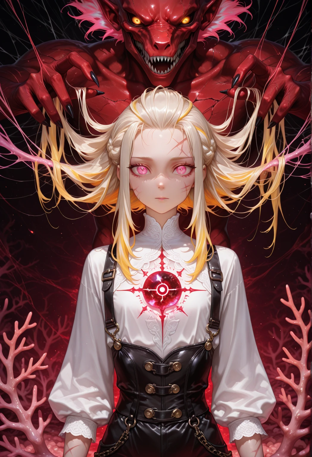 masterpiece, best quality, 8k, digital painting, 1girl, solo, standing, young adult, white hair, long hair, hair accessory, red eyes, circular pupil, emotionless expression, bloodstains, mechanical parts, wires, cables, glitch effect, horror, sci-fi, futuristic, dark background, neon lights, cyberpunk, surreal, eerie, unsettling, creepy, horror.