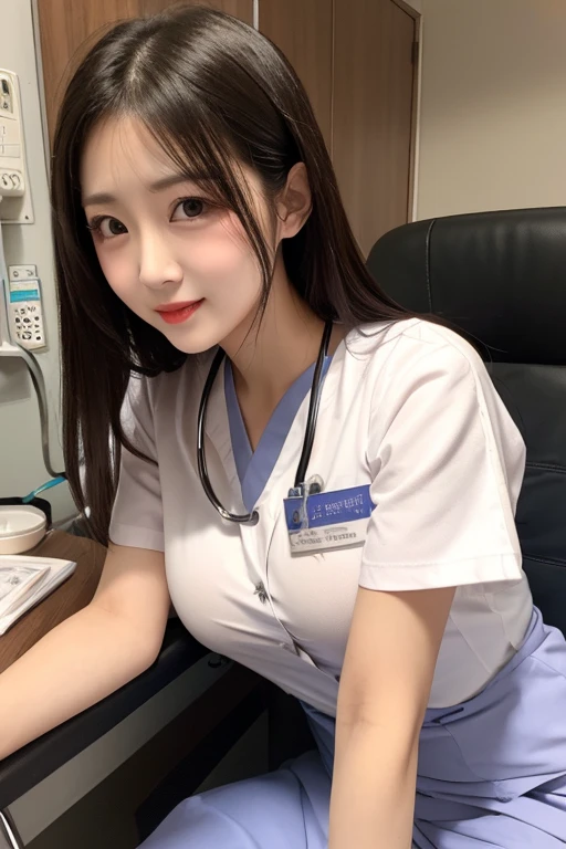 masutepiece, Best Quality, Illustration, Ultra-detailed, finely detail, hight resolution, 8K Wallpaper, Perfect dynamic composition, Beautiful detailed eyes, Nurse attire,Bob Hair, mid-chest, Natural Color Lip, Random and sexy poses,Smile,20 years girl　Colossal 、Hospital Rooms