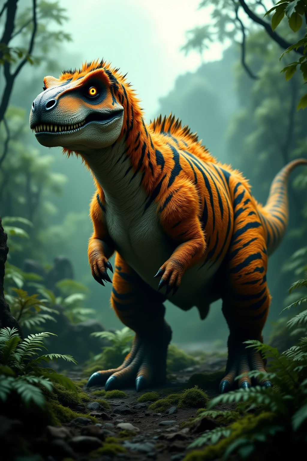 A powerful Tyrannosaurus rex stands in a misty prehistoric jungle clearing, but instead of scales, its body is covered in a vivid coat of fur patterned like a tiger — bold orange with black stripes, short and dense across its muscular frame. Its massive jaws are slightly open, revealing sharp teeth, and its amber eyes glint in the dappled jungle light. The creature’s fur ripples with movement as it turns its head, and its tail swings low across the mossy ground. Surrounding the T-rex are ferns, ancient trees, and rising steam from a distant volcanic vent. The scene feels like a lost world — part natural history, part speculative fantasy — rendered in ultra-detailed, cinematic style.

