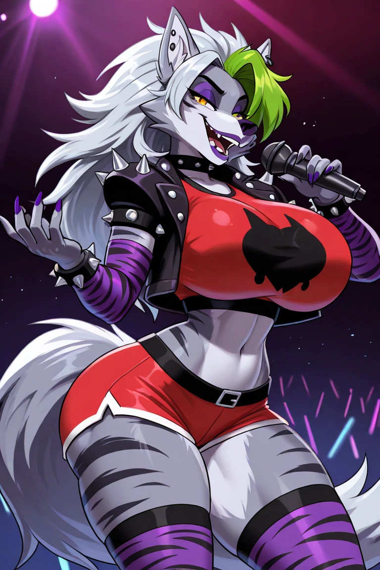 best quality,   fnafroxanne, furry female, body fur, makeup, wolf ears, wolf tail, crop top, large breasts, purple lipstick, collar, spikes, jewelry, ear piercing, bracelet, yellow eyes, detailed eyes,  3DMM, gray hair, green hair, taut clothes, :d, excited, horny, aroused, ahegao, BEReaction, big ass, blush, sexy, thicc, cross eyed