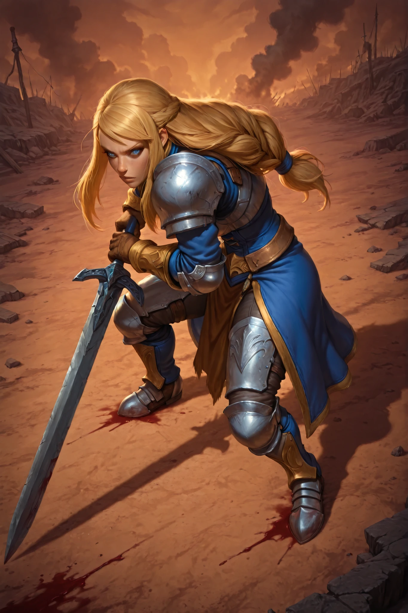 masterpiece, beautiful, detailed, realistic, ultra-detailed,
BREAK
Outdoors, dim lighting, long shadows, battlefield, craters, blood on floor, smoke,
BREAK
solo, from above view, full shot, contrapposto, holding greatsword, armor,
BREAK
Agrias Oaks, Final Fantasy Tactics franchise, young woman, blue eyes, long hair, blonde hair,