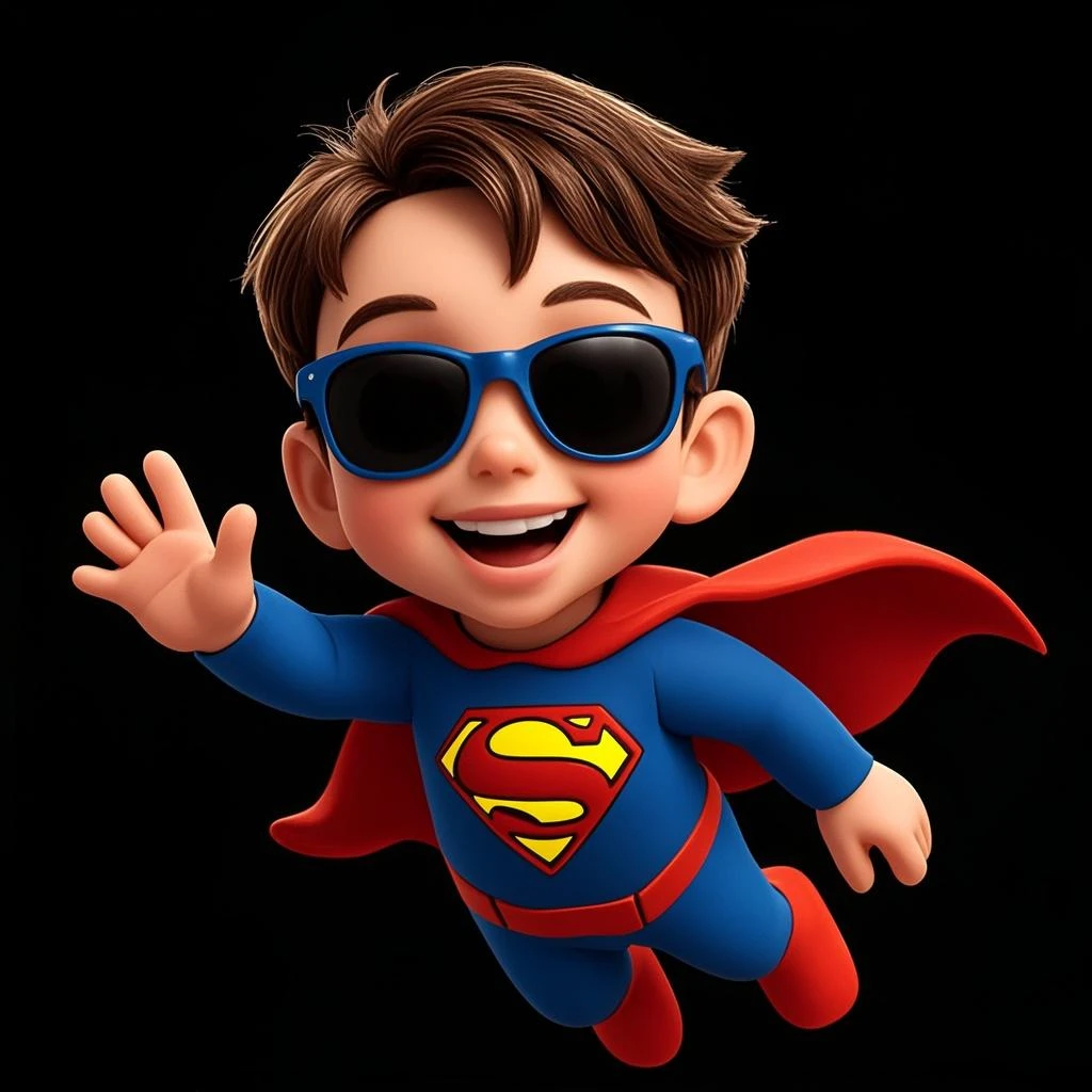 GuttonerdVision4, a three-year-old boy wearing glasses, super detailed, wearing Superman's outfit, flying and floating between tall buildings of a city.