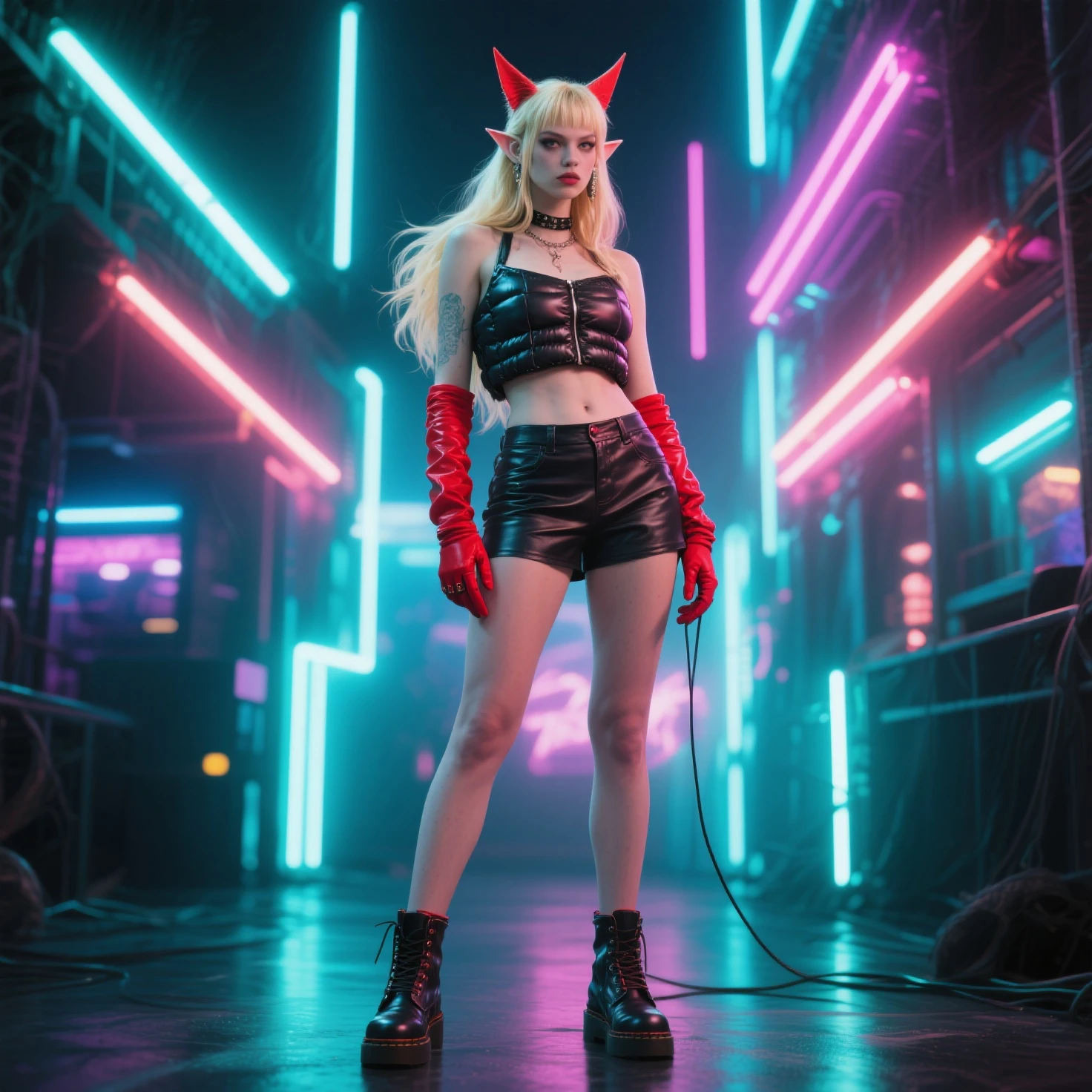 Avril Lavigne dressed in a neon skirt and stockings
