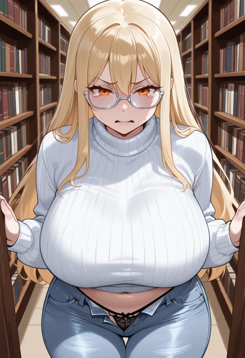 (masterpiece, detailed, realistic:1.2), beautiful young geeky woman, ((young, teenager)), (gigantic breasts:1.7), (bursting breasts:1.3), (detailed face, beautiful face, realitic face), (irritated expression:1.2), red cardigan, library, cute, innocent, braided hair, shy, awkward, sweater, shirt, bursting buttons, reading a book, nipples