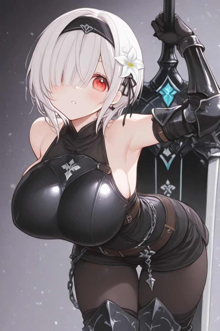 Sweaty Short bob cut hair, 1girl, Frostmaiden queen, hairband ornament, well endowed animated style, saggy breast, wide hips, perfect face, silver hair color, (completely naked, fully naked), evil grin, frost ice bracers, jewelry, ice ornate necklace, collarbone, anatomy, symmetrical body paint tattoo, action pose, battle stance, prfm style, double eyelid, smile, cowbou shot, full body scene, standing pose, holding a glacial spike