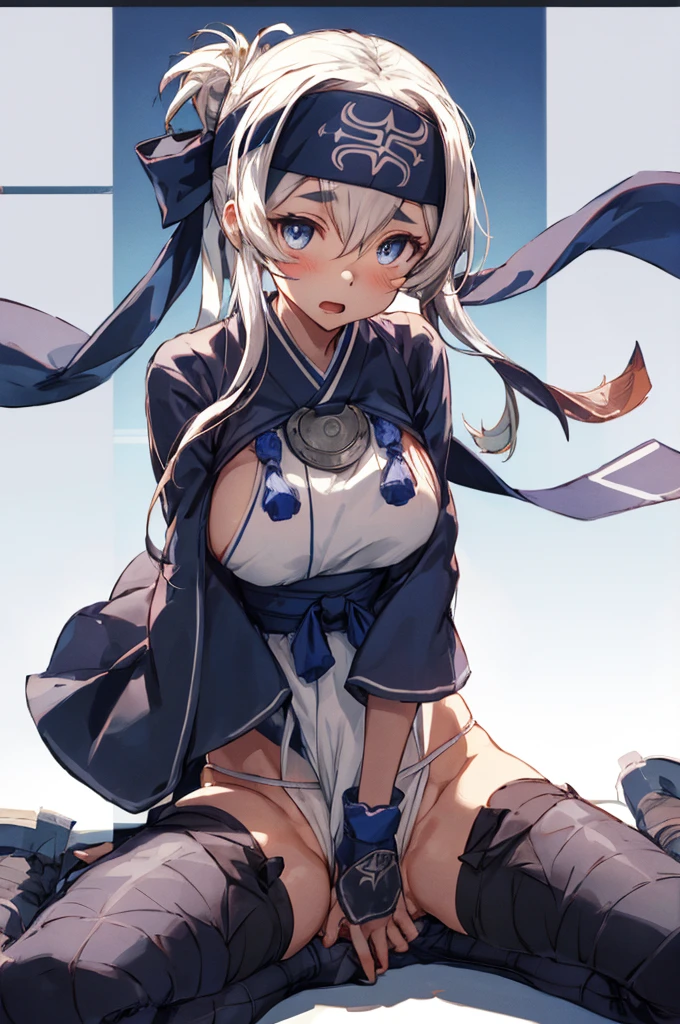kamoi,folded ponytail,headband,bandana,ainu clothes,cropped jacket,dress,long sleeves,pelvic curtain,thighhighs,wrist guards,sideboob,(upper body:1.3),open mouth, embarrassed ,blush,(spread legs:1.3),(legs up),(cameltoe:1.3),masterpiece,Noise Reduction,perfect anatomy,high resolution, ultra-detailed,game cg,dutch angle ,beautiful detailed eyes,visualart,five fingers, perfect hands, perfect lighting,
