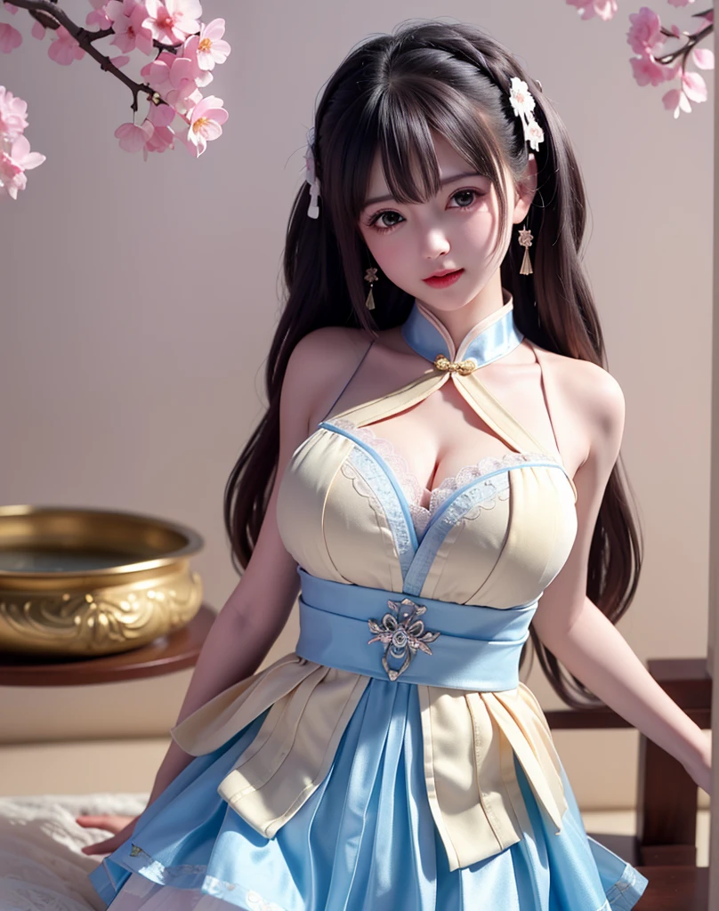 ((Masterpiece))), ((Best quality))), ((Ultra detail)), (an ultra realistic), (High Definition CG Illustration), cinematic light, Photorealistic,Very Beautiful 12 Year Old Daughter, Light makeup, Intricate Details EABA, White Intricate Lace Cloak, Dynamic pose, Spear, a Princess 8 years old cute Hanfu dynasty open V-chested clothes royal, All Photos, Wet body in thin silk fabric, Thin silk lace petticoat,Princess 8 years old cute, (Huge ,Cleavage),petticoat, white pink, green ,highest quality,masterpiece,Ultra-high resolution,(realism:1.4),RAW Photos,(Real skin texture:1.3),(Film Grain:1.3),(Selfie angle),1 Giant breasts,Beautiful eyes and facial detailasterpiece,The best quality at its best,Exposing thighs and breastore exposed breasts, Detailed Hair,Looking down and towards the camera,Short Dress Princess Eyes,Super big eyes,Detailed face,Sparkling Eyes, Pink Dress (Garden,Palace of the Moon,), lace petticoat