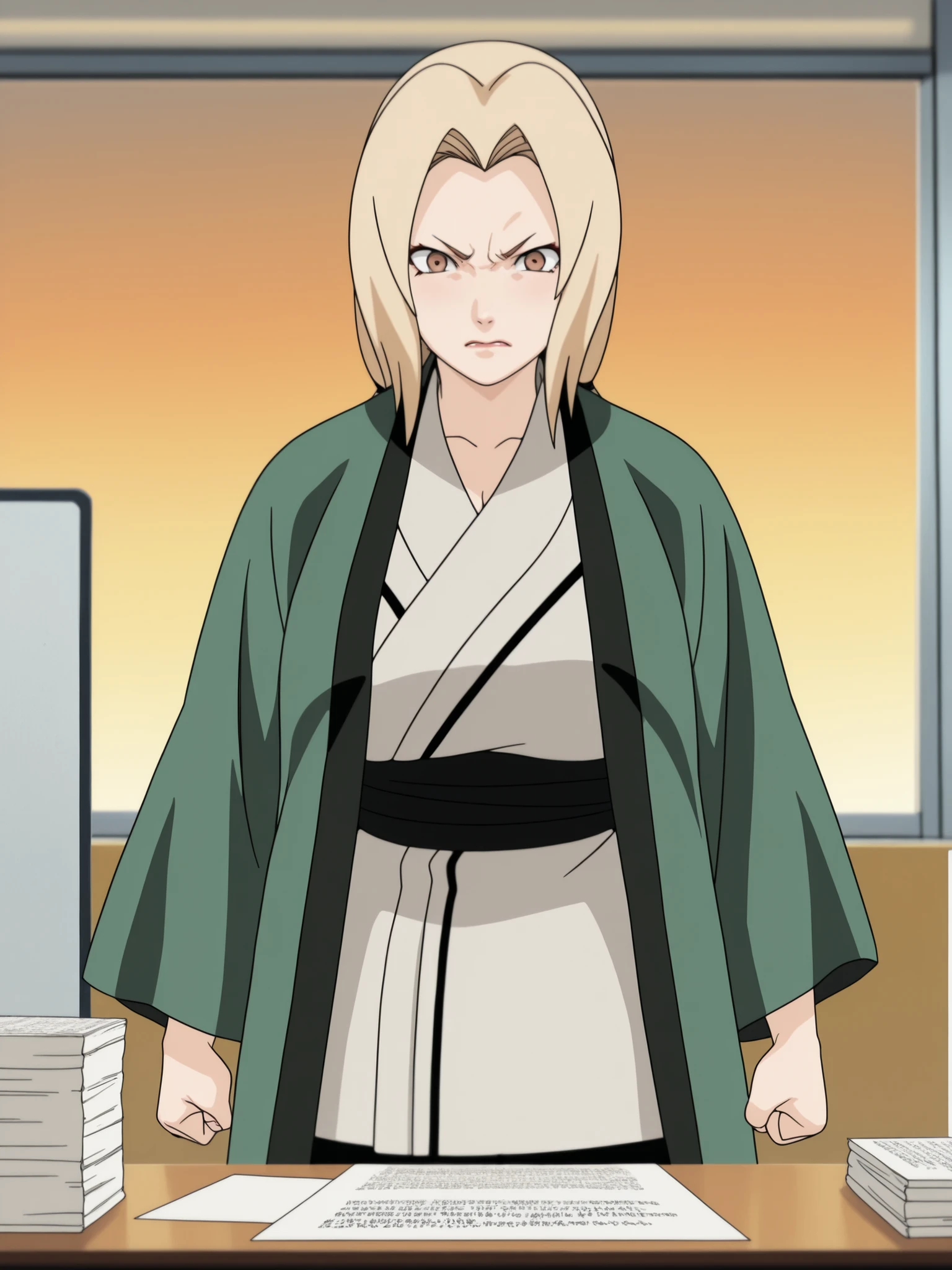 (masterpiece, best quality, anime style, ultra detailed, 8k, Tsunade Senju walking angrily past the Hokage's office, mature woman with long golden blonde hair, wearing her usual outfit: short white kimono and black pants, no green haori, fists clenched at her sides, brows furrowed, jaw set, intense and focused expression, paper scrolls around, Konoha emblems and desk visible in the background, warm daylight, tense atmosphere, cinematic composition, strong body language)