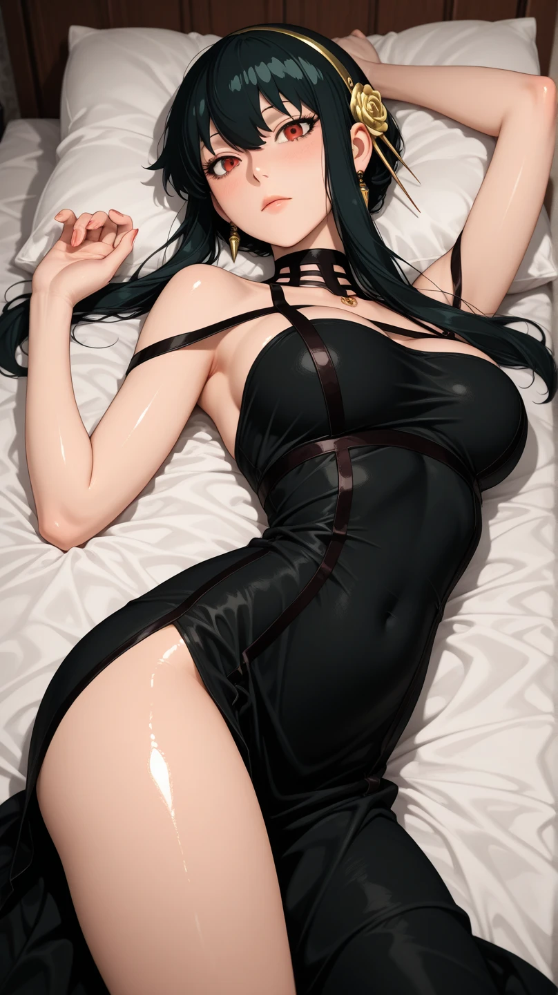 1cat girl, long black hair, blue eyes, wearing shiny black one piece swimsuit, aqua cropped t-shirt, black skirt, lying on bed, absurdres, high res, ultrasharp, 8k, masterpiece, looking at viewer, seductive, seductive pose, sexy, captivating, large breasts, cute yet seductive smile