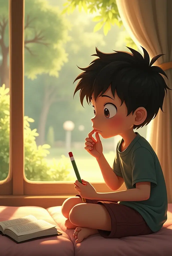 An animation of a boy sitting thinking about a girl